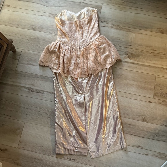 Vintage 80s pink metallic lace peplum strapless dress wedding party glam prom - Picture 4 of 8